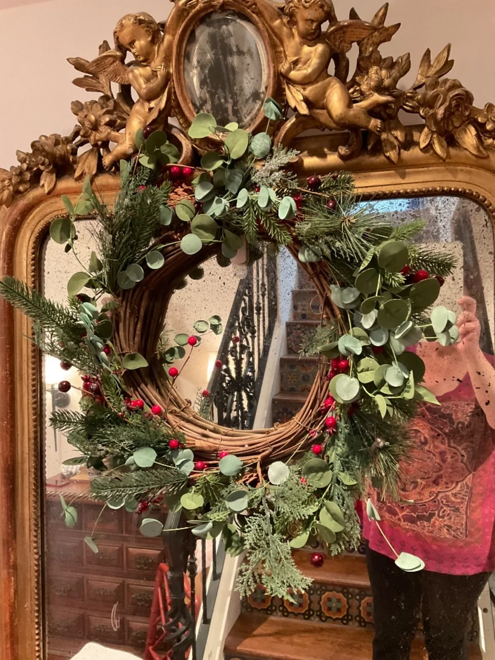 Set of three 22” Christmas wreaths with faux pine, eucalyptus and holy berries